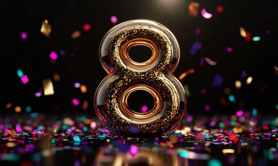 Shiny Gold Number Eight Surrounded by Colorful Confetti on Black