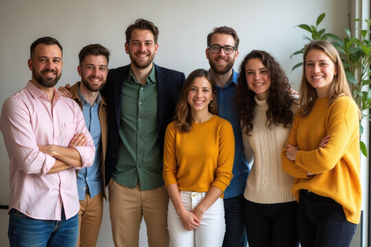A cheerful group of seven people, dressed in casual and business attire, smile for a photo in an office setting.