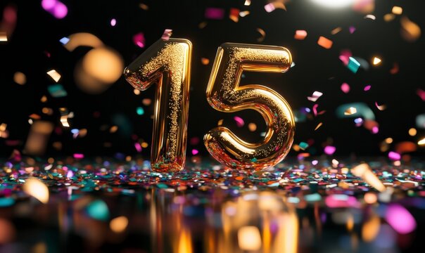 Gold Number 15 Balloon with Colorful Confetti on Black Background