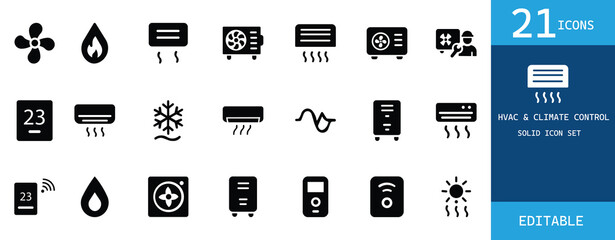 This solid icon set features 21 HVAC and climate control icons including air conditioning, fans, heaters, thermostats, and ventilation ideal for smart home or appliance design