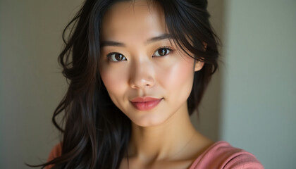 Fototapeta premium A young woman from China gazes confidently into the lens, her skin glowing softly in the morning light as she embodies elegance and charm Generative AI