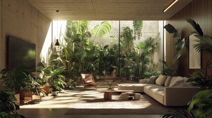 Fototapeta premium Modern, sun-drenched living space filled with lush greenery