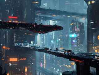 Futuristic cityscape with flying vehicles and advanced architecture. The scene exudes a sense of innovation and technological advancement