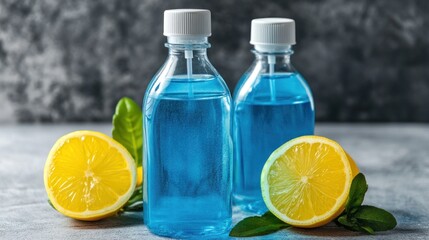 Two blue liquid bottles with lemons.