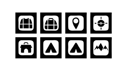 Camping trip icons set backpack tent location mountains
