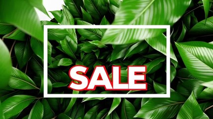 Bold Red SALE Text with Tropical Green Leaves Background - Perfect for Marketing Promotions and Retail Campaigns - Powered by Adobe