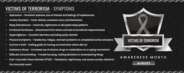 Original Victims of Terrorism ribbon with Symptoms, Shield Design with Pattern Based Background.