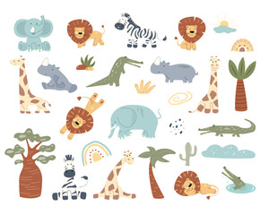 Naklejka premium Kids clip art set with adorable African animals perfect for nursery decor. Includes lions, elephants, zebras, and more, ideal for an engaging safari theme.