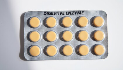 Digestive enzyme tablets pharmacy showcase product image bright environment close-up view health concept