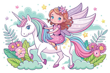 Cute Fairy Girl Riding a Pastel Unicorn in a Dreamy Setting
