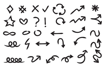 Hand drawn arrows, hashtag, marks and special characters vector collection set. doodling style.