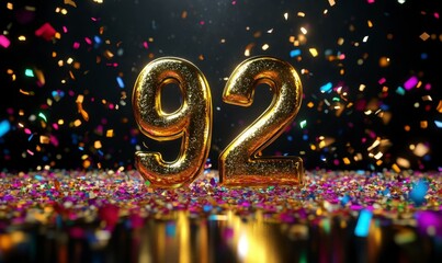 Golden Number 92 Surrounded by Colorful Confetti and Celebratory Atmosphere