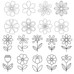 Obraz premium Collection of Simple Line Art Flower Drawings, Black Silhouette Flower Icons Set, 
