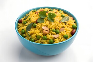 Colorful poha, an Indian breakfast dish, is beautifully presented in a bright blue bowl