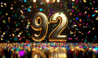 Shiny Golden Number 92 Surrounded by Colorful Confetti Celebration
