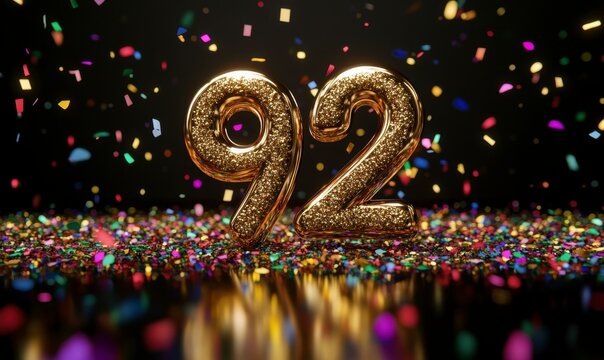 Golden Decorative Number 92 Surrounded by Colorful Confetti