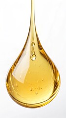 A golden drop of oil suspended in mid-air with a clear, glossy appearance against a white background.