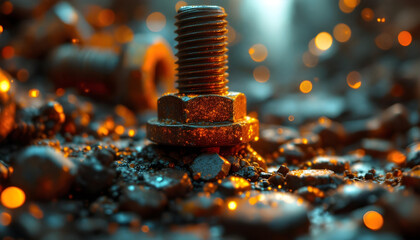 ファンタジーストーリー（錆びついたボルトとナットが描く構造美と、琥珀色にきらめく光）