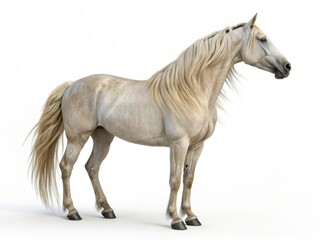 Naklejka premium A majestic light gray horse standing sideways with a flowing mane and tail, isolated on a white background.