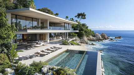 Fototapeta premium Stunning oceanfront property with modern design and beautiful views of beach