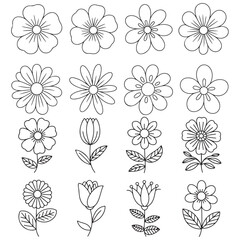 Collection of Simple Line Art Flower Drawings, Black Silhouette Flower Icons Set, 