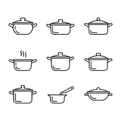 Cooking Pot and Kitchen Cookware Icons Set. Set of Line Art Illustrations of Cooking Pots and Pans
