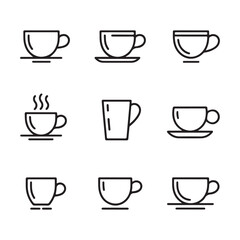 Cup and Mug Icons Set for Food and Beverage. Simple Line Art Illustrations of Various Coffee and Tea Cups
