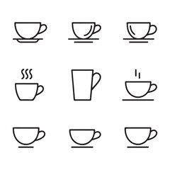 Cup and Mug Icons Set for Food and Beverage. Simple Line Art Illustrations of Various Coffee and Tea Cups
