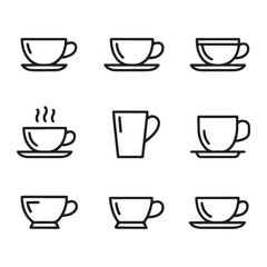 Cup and Mug Icons Set for Food and Beverage. Simple Line Art Illustrations of Various Coffee and Tea Cups

