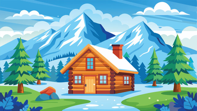 Cartoon Log Cabin in Snowy Mountain Landscape with Evergreen Trees