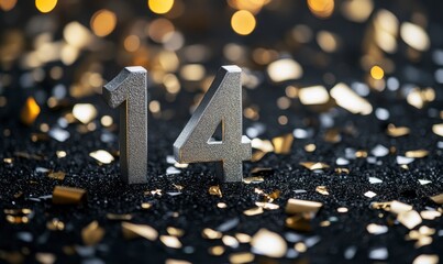 Silver Number 14 Surrounded by Confetti on a Dark Background