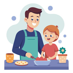 Father and child baking cookies for the holidays vector illustration