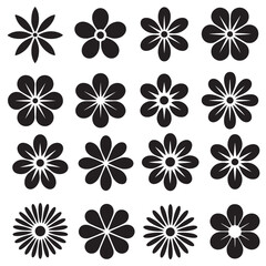 Collection of Simple Line Art Flower Drawings, Black Silhouette Flower Icons Set, 