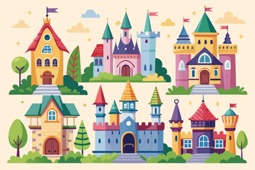 Collection of Colorful Cartoon Castles and Houses on a Light Background