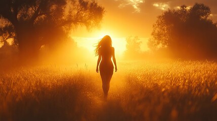 Woman walking sunset field silhouette.