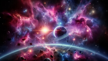 Obraz premium Vibrant Nebula and Planetary System A Cosmic Landscape of Color and Wonder