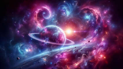 Obraz premium Cosmic Nebula Vibrant Pink and Blue Planetary System Artwork