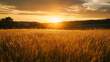 Fototapeta premium Golden Hour Wheat Field Sunset Landscape