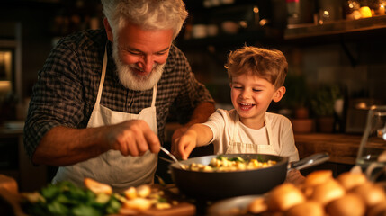 Grandfather bonding with grandson in cozy kitchen
