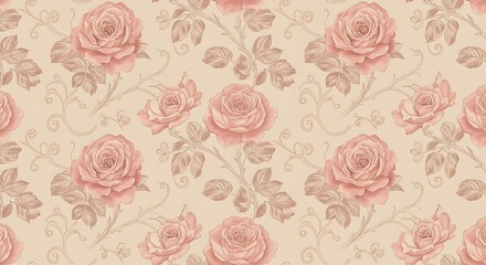 Seamless vintage pink rose flower pattern with floral leaf decoration