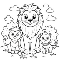 Obraz premium Lion Family Coloring Page with Dad and Cubs in Nature