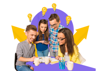 Creative drawing collage picture of funny young people teamwork students businesspeople meeting electric bulb collaboration brilliant