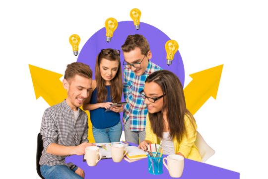 Creative drawing collage picture of funny young people teamwork students businesspeople meeting electric bulb collaboration brilliant