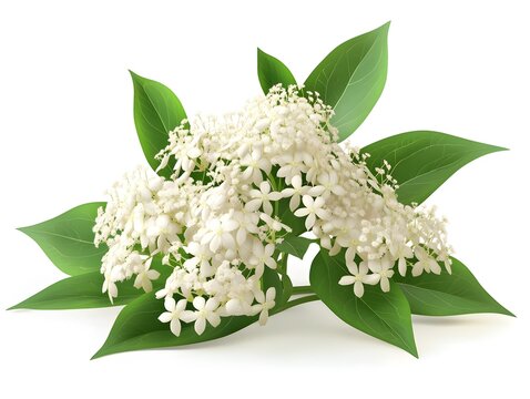 Elder or Elderberry Cluster with Green Stems on Clean White Backdrop, branch of jasmine