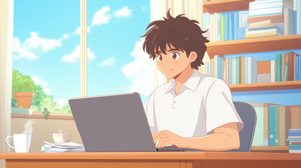 Anime student working on laptop in bright home office
