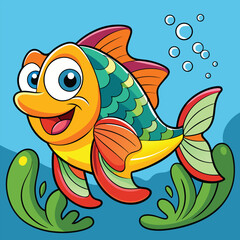 Obraz premium Cartoon Fish Swimming Underwater with Bubbles and Seaweed Illustration