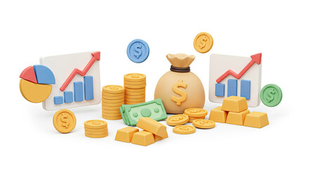 Financial Growth and Investment Profit, Assets, Stocks and Revenue 3D concept.Cartoon design icons isolated on white. 3D Vector illustration