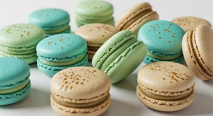Fototapeta premium Colorful French macarons on a wooden table, a delicious sweet dessert