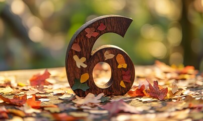 Wooden Number Six Surrounded by Colorful Autumn Leaves in Nature