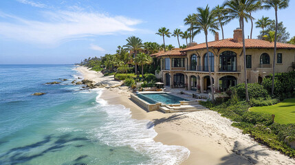 Obraz premium Luxurious beachfront property with palm trees and ocean views, perfect for relaxation